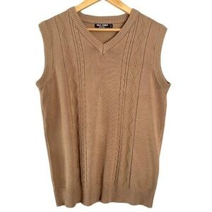 Paul Jones Mens Sleeveless Sweater Vest Size Medium Tan V Neck Argyle Cable Knit